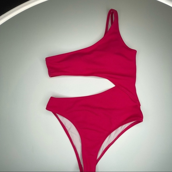 Shade & Shore One Shoulder Cut Out Ribbed One Piece Swim Pink S - Picture 13 of 14